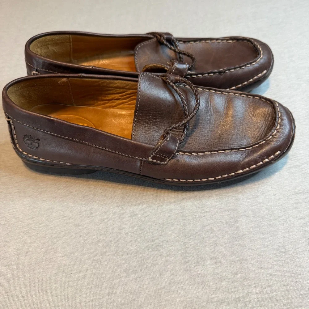 Timberland Smart Comfort Brown Leather Loafers Moc Toe Braided Slip On  8.5M